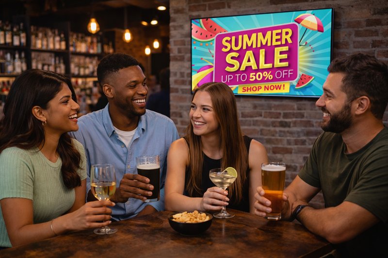 Friends at a bar with a digital screen showing a local summer sale promotion