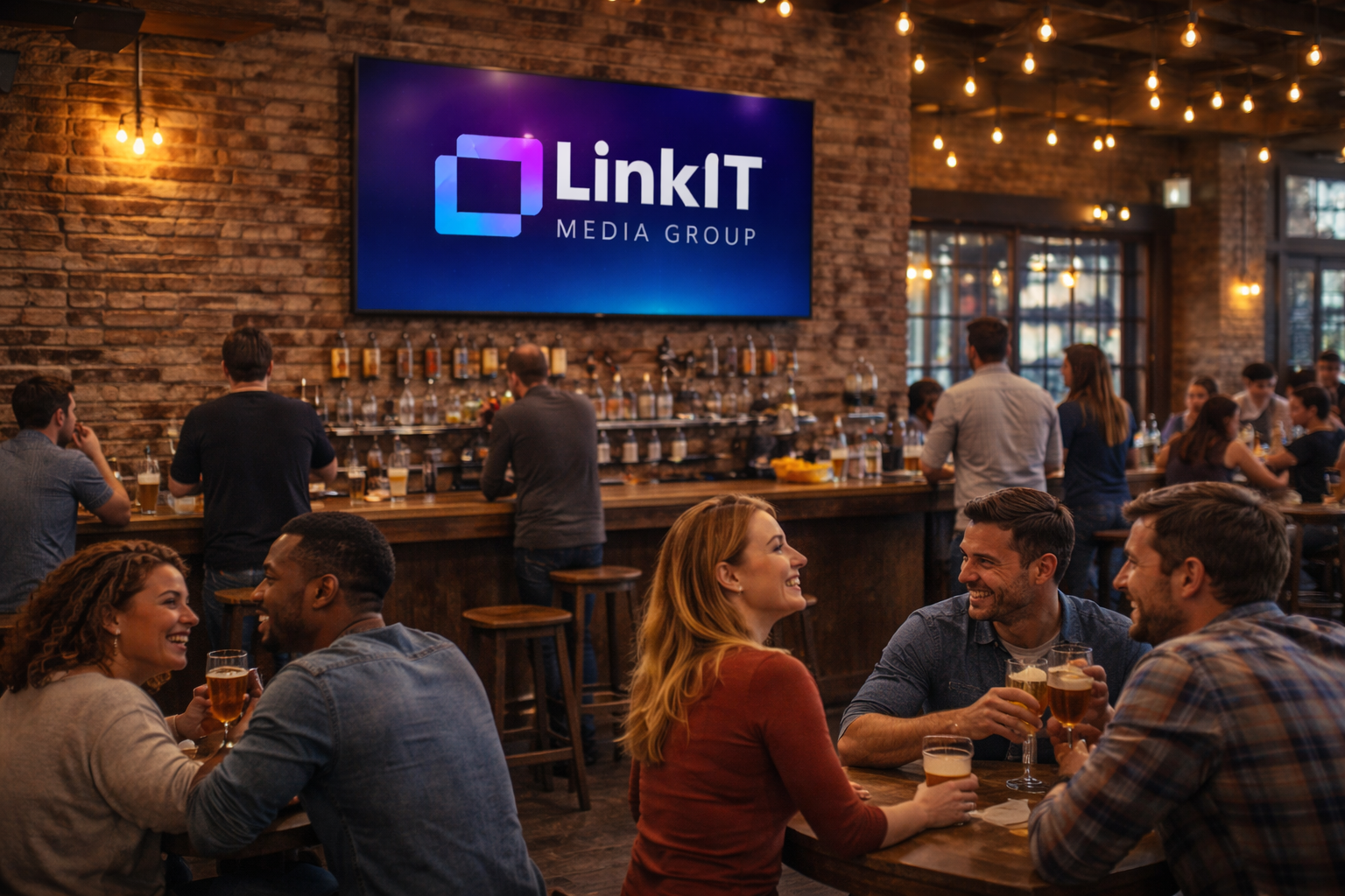 A busy brewery with digital screens showing local ads