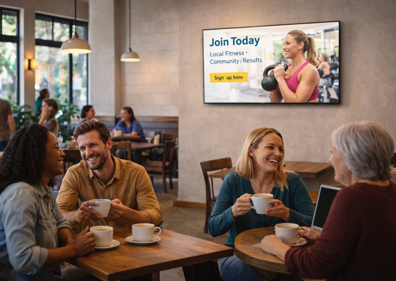 Café patrons enjoying coffee while a digital screen displays a local fitness ad