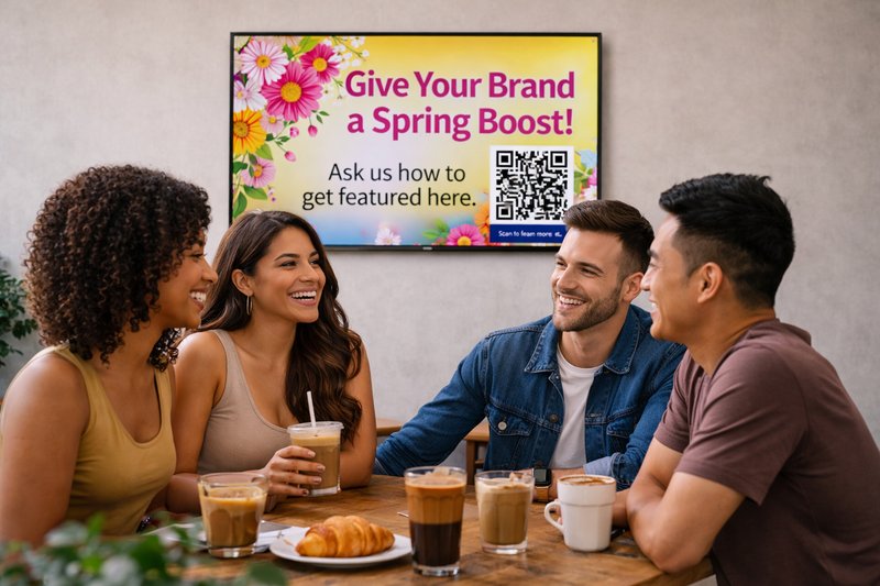 Café with digital screen promoting local brand visibility