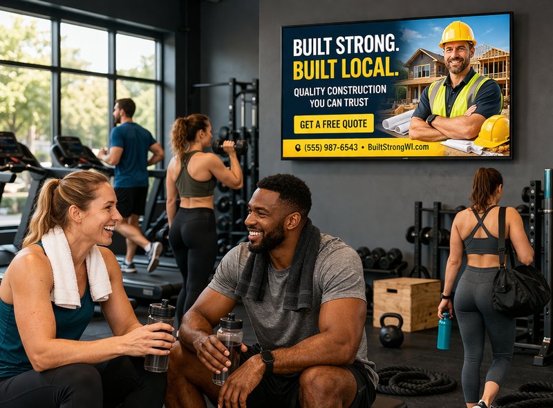 Gym with digital screen showing a local construction company ad
