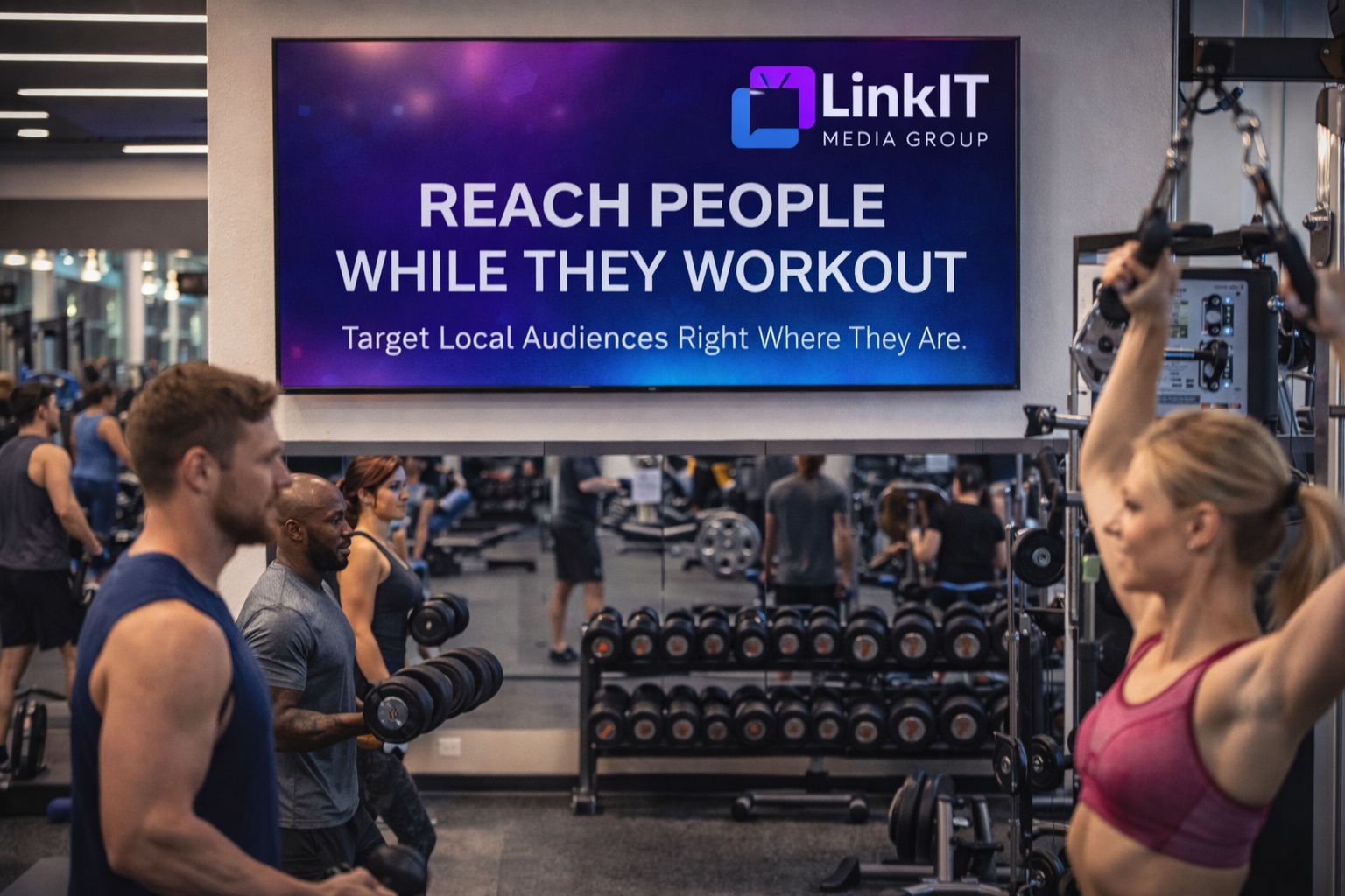 Gym with digital screens visible on the wall