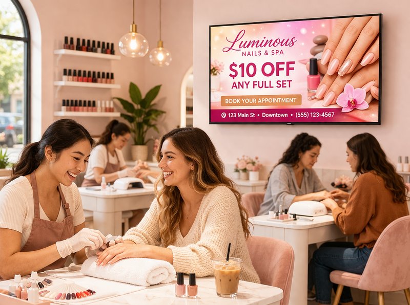 Nail salon with digital screen promoting a local spa deal